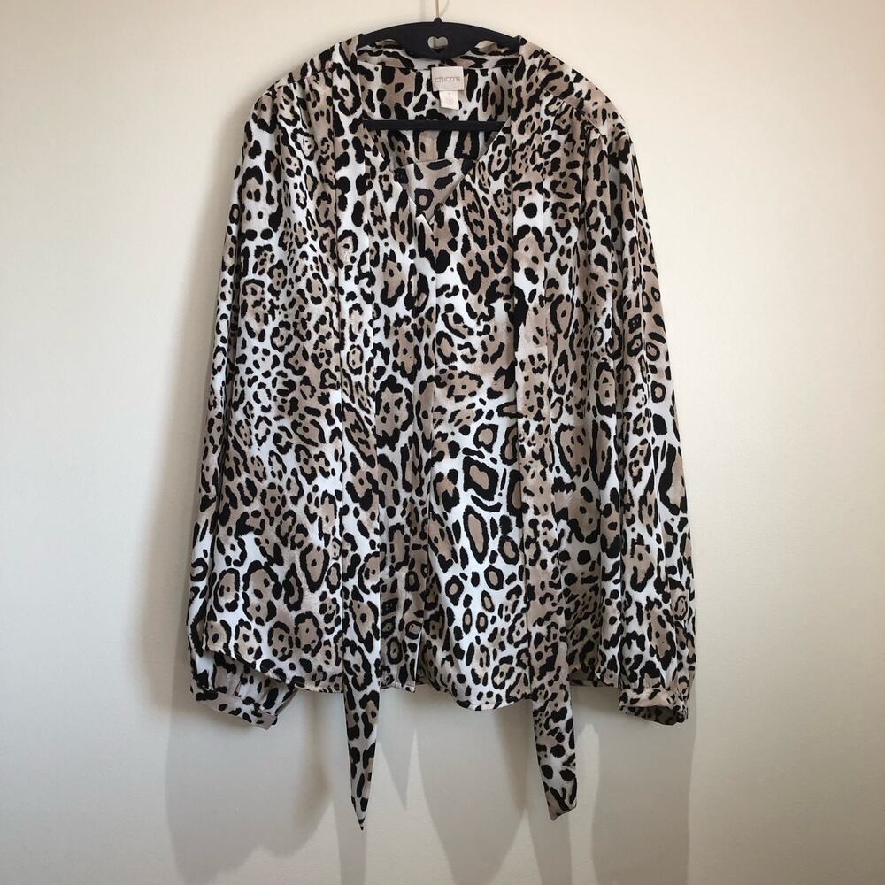 Chicos Blouse Top Size 3 XL 16 Animal Print Tie Neck Hidden Button Up